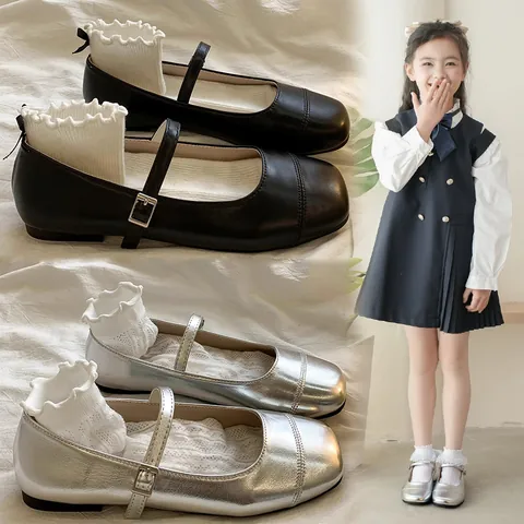 Girls Mary Jane Princess Shoes British Style Square Toe Buckle Soft Sole Performance Flats Silver Black Elegant Kids Shoes