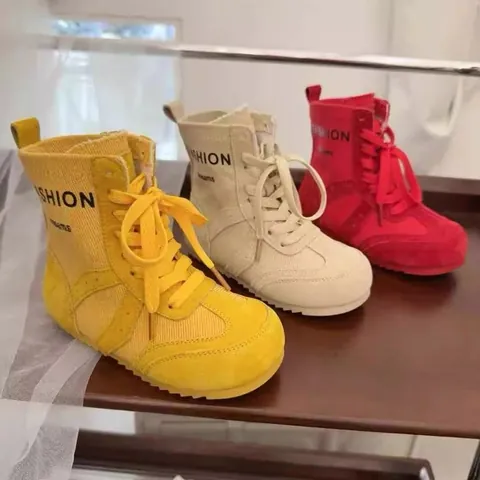 Korean Style Kids Fashion Canvas Mid-Calf Boots Boys Girls Casual Trendy Spring Autumn Yellow Single Fashion Shoes