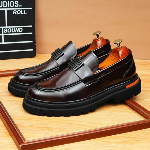 Men's High-End Genuine Cowhide Leather Loafers Retro Glossy Slip-on Thick Sole Height Increasing Casual Business Dress Shoes