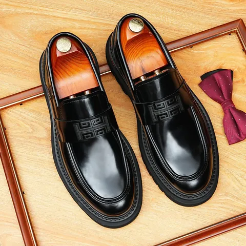 Men's High-End Genuine Cowhide Leather Loafers Retro Glossy Slip-on Thick Sole Height Increasing Casual Business Dress Shoes