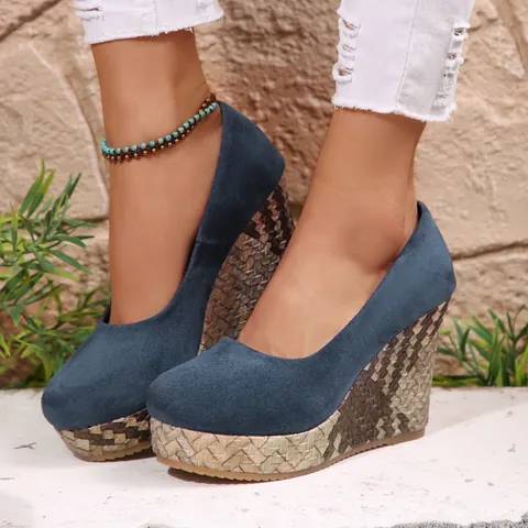 Damen Fashion Keilabsatz Slip On Plattform Lässige Schuhe Wildleder Optik Niedriger Ausschnitt Gewebte Textur Große Größe
