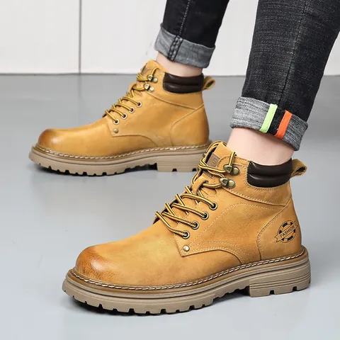 Men's Genuine Pigskin Leather Martin Boots Retro British Style Winter Warm Plush Lining Work Boots Non-Slip Rubber Sole
