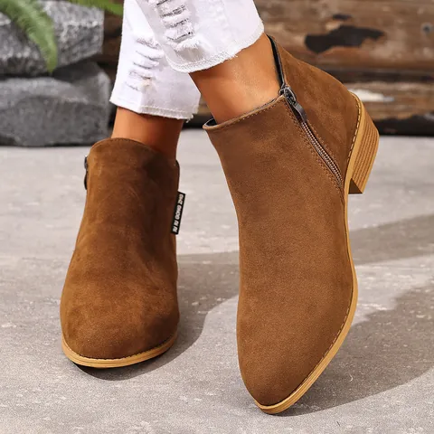Dames Retro Puntige Chelsea Boots Van Suède-look Zijrits Middelgrote Blokhak Martin Boots Herfst Winter Enkellaarsjes