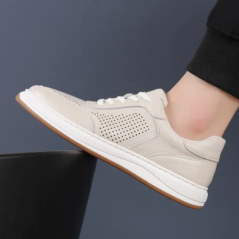 Men Top Grain Cowhide Leather Casual Shoes Summer Hollow Out Breathable Sandals Fashion Lace-up White Shoes Non-slip Sole