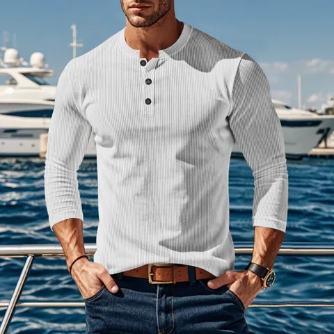 Men's Casual Corduroy Henley Shirt Long Sleeve Solid Color Outdoor Fashion Polyester Textured Slim Fit Top For Men