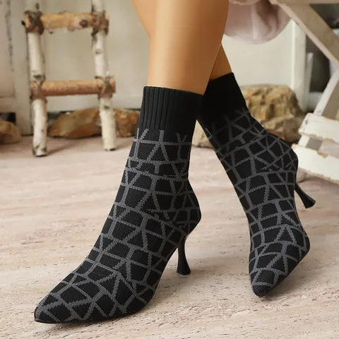 Women's Pointed Toe Stiletto High Heel Sock Boots Geometric Pattern Elastic Knitted Mid Calf Fashion Boots For Autumn Winter