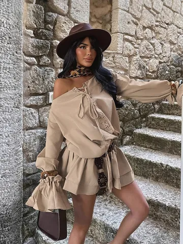 Women Sexy Off-the-Shoulder Bell Sleeve Lace-up Backless Dress Solid Color Slim Fit Polyester Mini Dress Western Style Party Wear