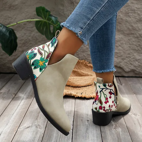 Women Western Ankle Boots Suede Pointed Toe Chunky Mid Heel Side Zipper Floral Embroidery Bohemian Chelsea Boots Casual Boots