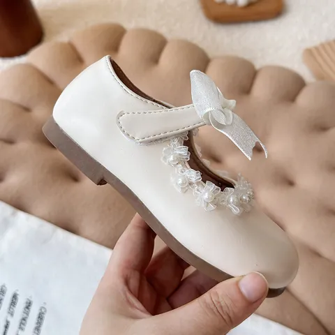 Mädchen Prinzessin Mary Jane Schuhe PU Leder Weiche Sohle Netz Schleife Künstliche Perle Schule Hochzeit Party Flache Schuhe