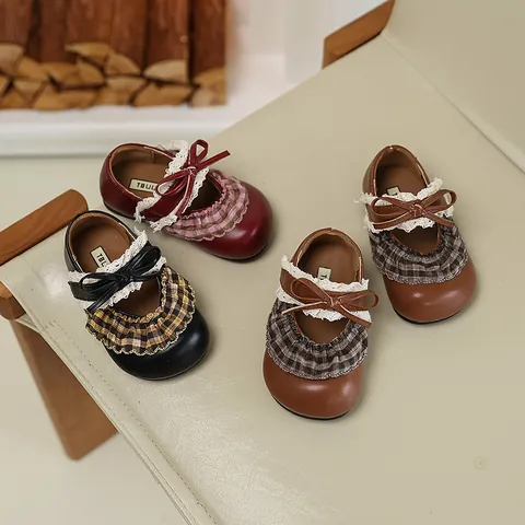 Girls Princess Mary Jane Shoes Round Toe Flat Shoes With Bow Lace Plaid Trim Sweet Lolita Style School Party Dress Shoes