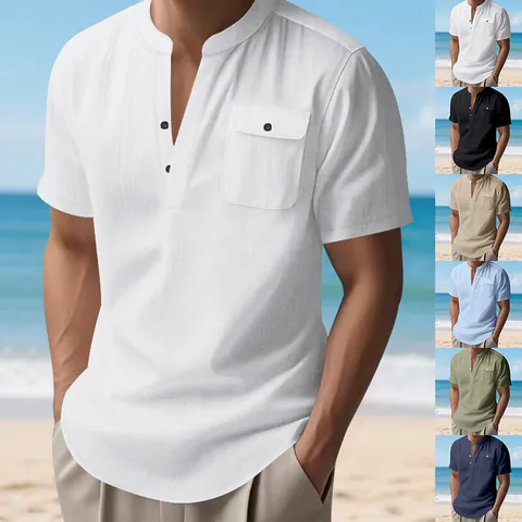 Men Casual Linen Henley Shirt Short Sleeve Stand Collar Button Up Summer Beach Top With Chest Pocket Solid Color Clothing