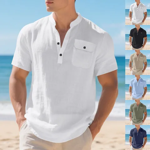 Men's Linen T-Shirt Summer Short Sleeve Henley Shirt Loose Fit Casual Solid Color Breathable Workwear Utility Top