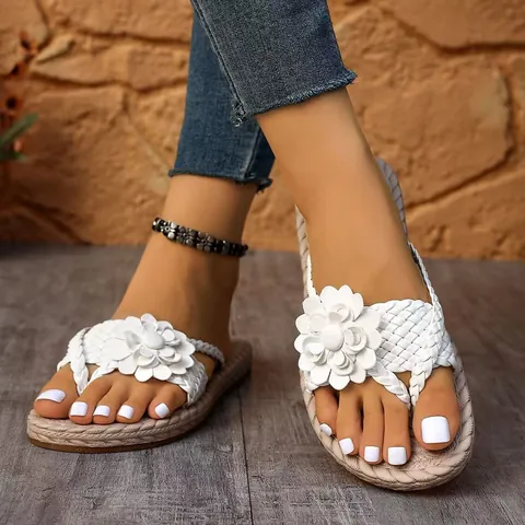 Sandalias de Plataforma para Mujer Flores Correas Trenzadas Suela Gruesa Zapatos de Playa Cuero Microfibra Chanclas de Verano