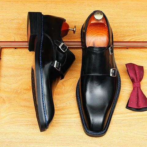 Men's British Style Square Toe Double Monk Strap Leather Shoes Hand Burnished Business Formal Dress Shoes For Men