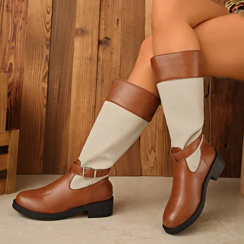 Women Patchwork Knight Boots Vintage European Block Heel Tall Boots With Belt Buckle Cowboy Autumn Winter Fashion Shoes