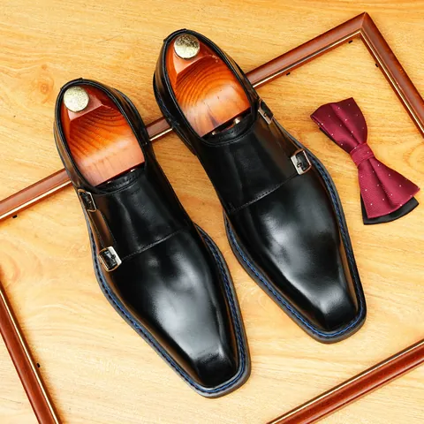 Men's British Style Square Toe Double Monk Strap Leather Shoes Hand Burnished Business Formal Dress Shoes For Men