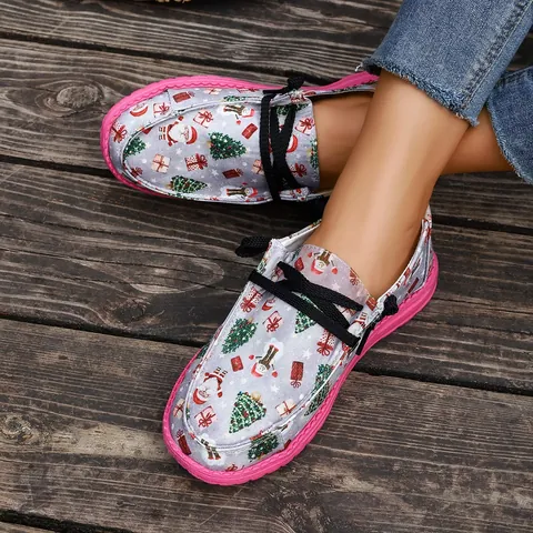 Women Christmas Graffiti Canvas Shoes Low Top Lace Up Flat Loafers Colorful Pink Sole Casual Holiday Sneakers Walking Shoes
