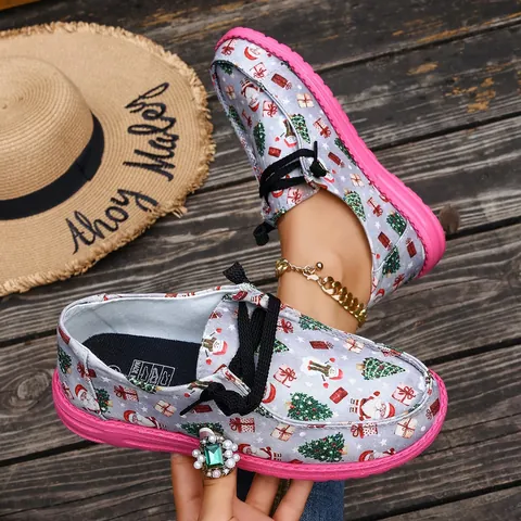Women Christmas Graffiti Canvas Shoes Low Top Lace Up Flat Loafers Colorful Pink Sole Casual Holiday Sneakers Walking Shoes