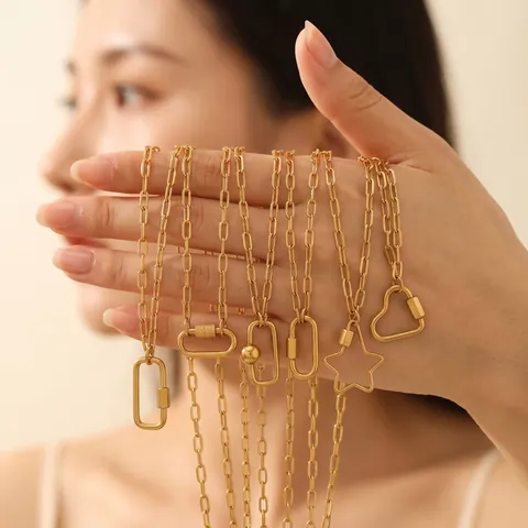 Stainless Steel Paperclip Chain Necklace For Women Men Geometric Carabiner Heart Star Pendant Minimalist Gold Plated Jewelry Necklace