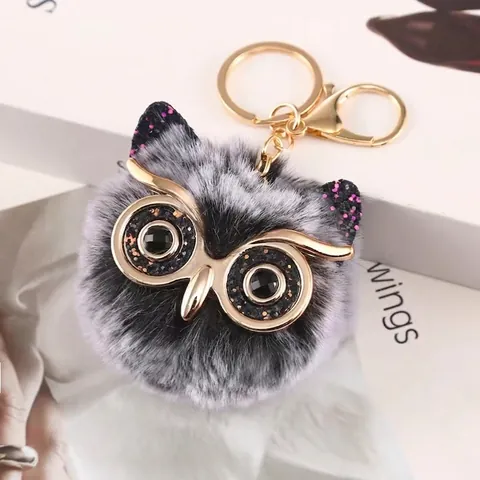 Lindo Búho de Dibujos Animados Llavero de Bola de Peluche Pelo Sintético Aleación Purpurina Colgante de Bolso Decorativo Accesorios Mujer Regalo