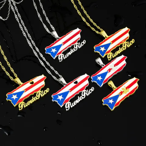Collar con Colgante de Mapa de Puerto Rico de Acero Inoxidable para Mujer Hombre Chapado en Oro Plata Esmalte Bandera Joyería Regalo