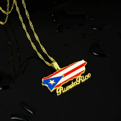 Collana con Ciondolo a Mappa di Porto Rico in Acciaio Inossidabile per Uomo Donna Placcata Oro Argento Smalto Bandiera Gioielli Regalo