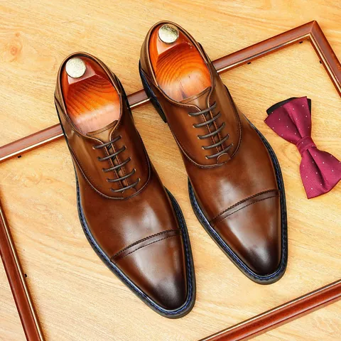 Men Pointed Toe Oxford Shoes Genuine Cowhide Leather Cap Toe Burnished Business Wedding Formal Dress Shoes British Style