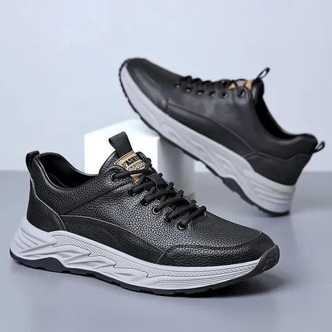 Men's Top Layer Cowhide Casual Shoes Genuine Leather Breathable Thick Sole Sports Sneakers Fall Winter Fashion Leather Shoes