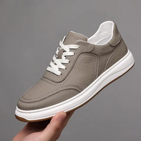 Men's Casual Sneakers Top Grain Cowhide Leather Fleece Lined Warm Winter Skate Shoes Thick Sole Lychee Texture Board Shoes