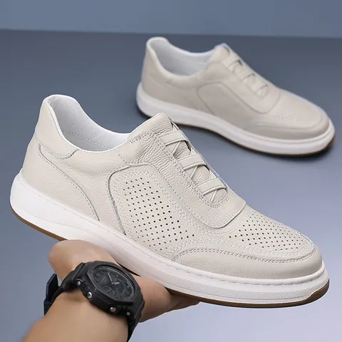 Heren Casual Toplaag Rundleer Sandalen Ademend Ajour Geperforeerd Zachte Zool Zomer Outdoor Strandschoenen 66551