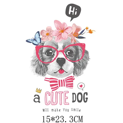 Cute Cartoon Dog Wearing Glasses Heat Transfer Patch For Clothing DIY Washable Iron On Flower Butterfly Print Sticker For Bags T-Shirt