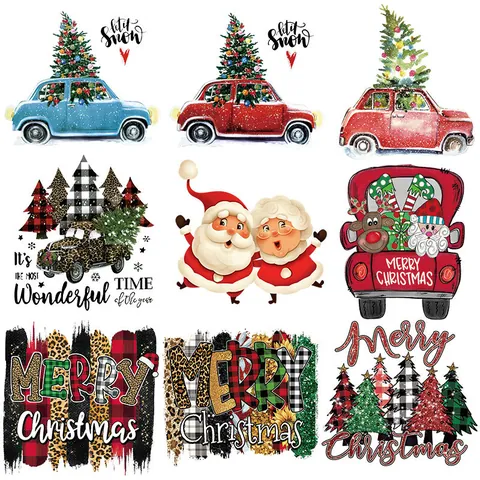 Patches de Transfert Thermique de Noël pour Vêtements Autocollants à Repasser Lavables Impression Offset Père Noël Camion Sapin