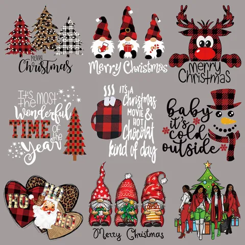 Toppe Natalizie a Trasferimento Termico Plaid Renna Babbo Natale Gnomi Adesivi da Stirare per Decorazione Vestiti DIY