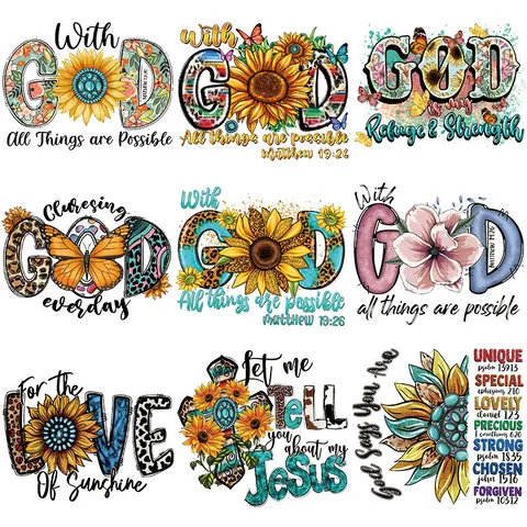 Inspirational Sunflower Letter Heat Transfer Patches For Clothing Religious Quotes Iron On Stickers For T-Shirts Bags Washable Multicolor DIY Apparel Decoration