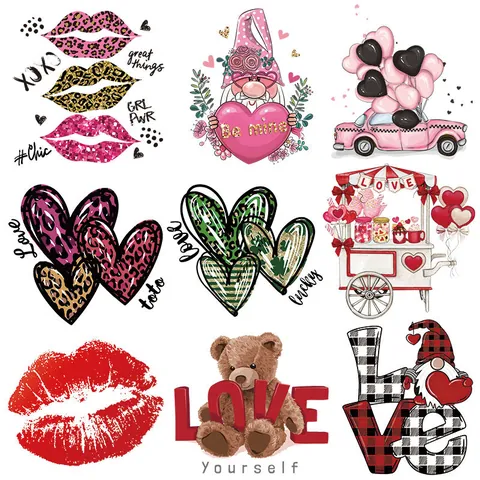 Valentine's Day Heart Heat Transfer Patches DIY Clothing Decor Cartoon Gnome Flower Leopard Print Iron On Patches For T-Shirt