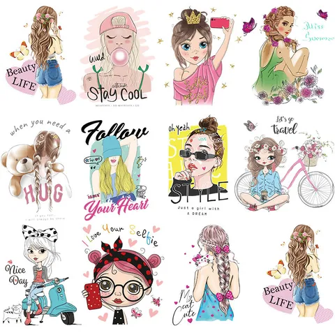 Cute Girl Heat Transfer Patches For Clothing Washable Iron On Stickers For DIY Bags T-Shirts Decoration Fashion Cartoon Characters Printed Appliques