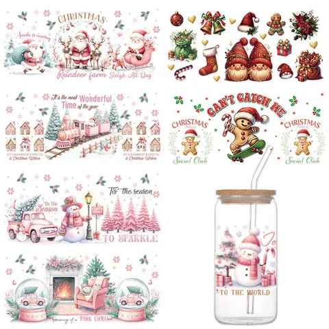 Christmas UV DTF Cup Wrap Stickers For Glass Cups Waterproof Rub On Transfers Santa Gingerbread Snowman DIY Cup Decals