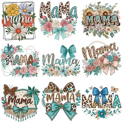 Día de la Madre Mama Flores Parches Termotransferibles Película PET DTF Pegatinas para Ropa Bolsos DIY Apliques Lavables
