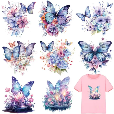Watercolor Butterfly Floral Heat Transfer Patches For Clothing DIY Washable Artistic Offset Print Decoration Patches For T-Shirts Bags