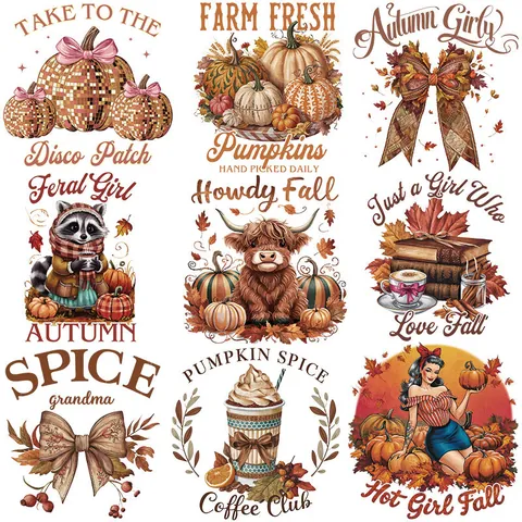 Parche de Transferencia Térmica DIY Acción de Gracias Pegatina DTF Tinta Blanca para Ropa Diseño Retro Calabaza Vaca Highlands