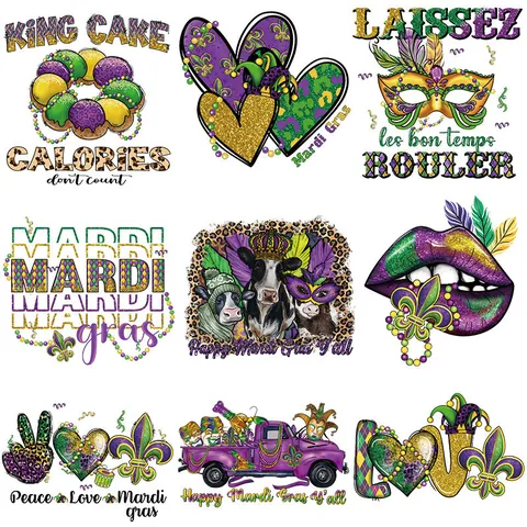 Mardi Gras Carnival Mask Heart Heat Transfer Patch For T-Shirt PET Film DIY Iron On Decal For Festive Clothing Bags Offset Printing Washable Decoration