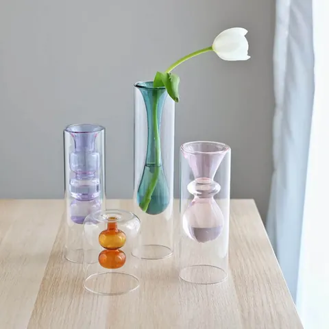 Nordic Minimalist Double Walled Borosilicate Glass Vase Geometric Bubble Flower Holder Desktop Decorative Art Ornament