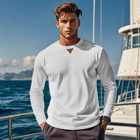 Men's Casual Corduroy Long Sleeve T-Shirt Crew Neck Outdoor Top With Patchwork Detail Solid Color Polyester Breathable Shirt
