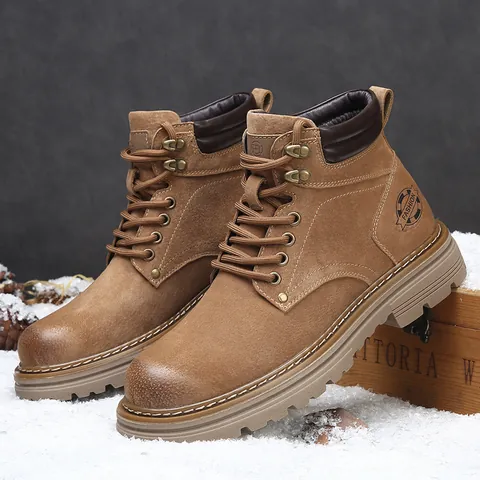 Men's Genuine Pigskin Leather Martin Boots Retro British Style Winter Warm Plush Lining Work Boots Non-Slip Rubber Sole