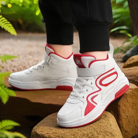 Scarpe da Basket High Top per Bambini Ragazzi Moda Suola Spessa Scarpe da Skate Sneakers in Pelle Microfibra Con Cinturini a Strappo