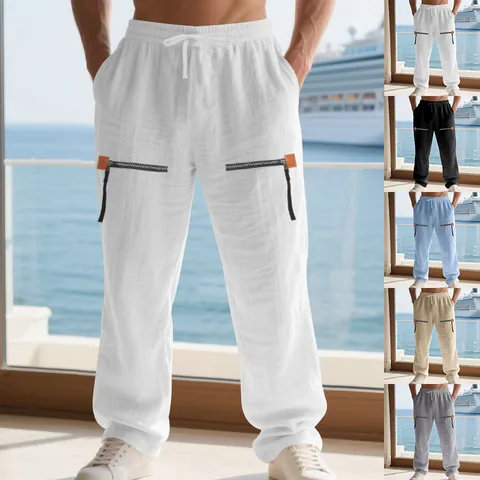 Men Casual Linen Pants American Hip Hop Streetwear Loose Wide Leg Bottom Drawstring Waist Breathable Beach Long Pants