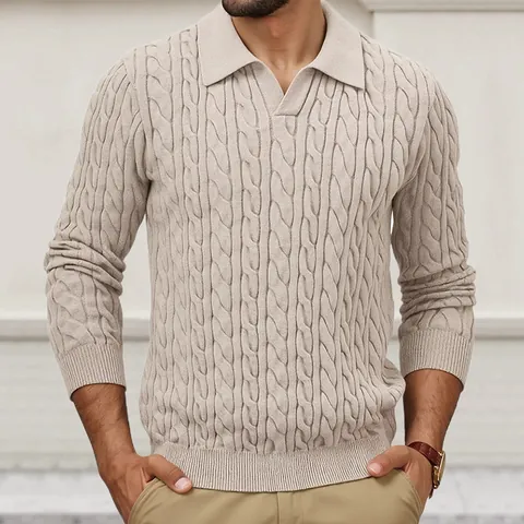Men's Casual Cable Knit Sweater POLO Collar Long Sleeve Solid Color Pullover Autumn Winter Warm Knitwear Top