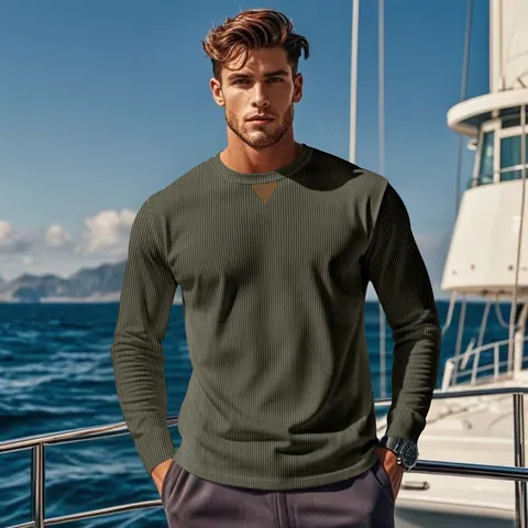Men's Casual Corduroy Long Sleeve T-Shirt Crew Neck Outdoor Top With Patchwork Detail Solid Color Polyester Breathable Shirt