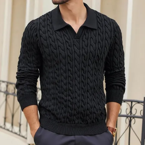 Men's Casual Cable Knit Sweater POLO Collar Long Sleeve Solid Color Pullover Autumn Winter Warm Knitwear Top