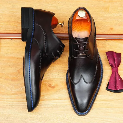 Herren Rindsleder Oxford Schuhe Business Formell Britisch Brogue Brüniert Spitz Zulaufende Hochzeit Anzugschuhe